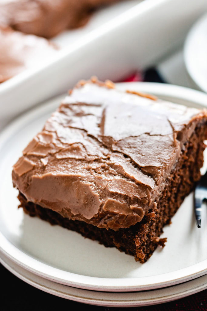 Slice of chocolate cake on plates.