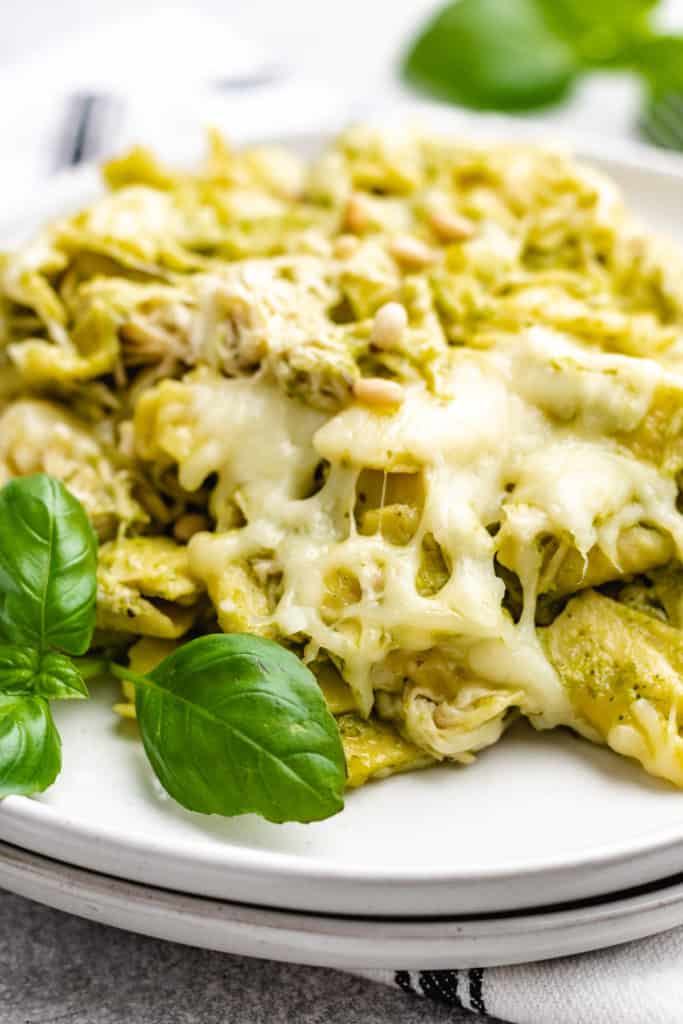 Close up of a plate of chicken pesto pasta.