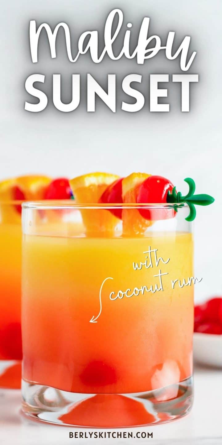 Close up view of a malibu sunset cocktail.
