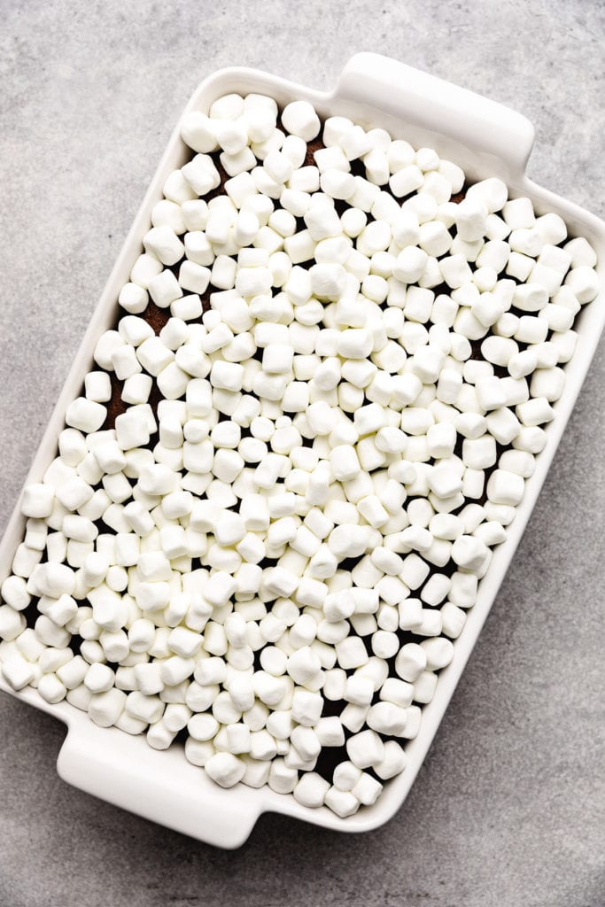 Mini marshmallows on top of chocolate cake.