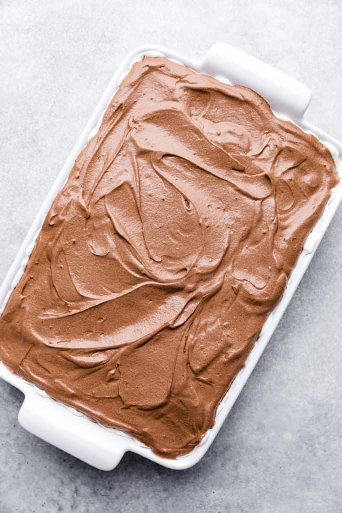 Mississippi mud cake in a pan.