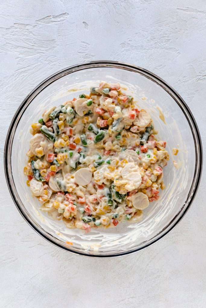 Soup mix stirred with blanched vegetables.