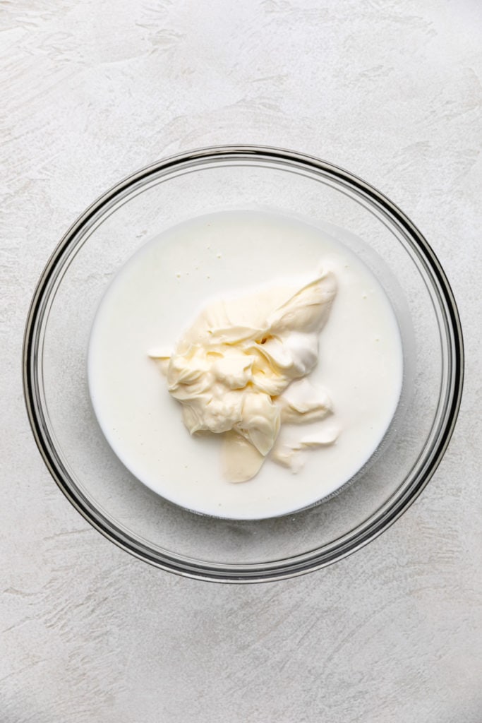 Buttermilk, mlk, and mayo in a bowl.