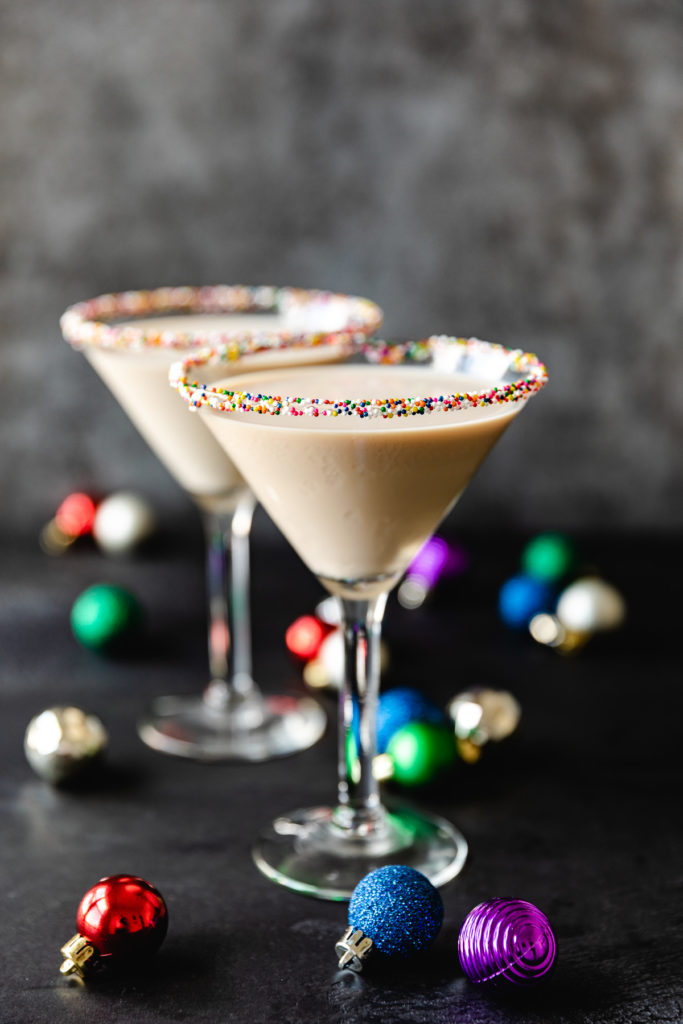 Side view of two sugar cookie martinis.