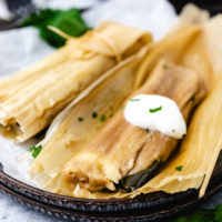 Close up view of a vegetarian tamale on a plate.