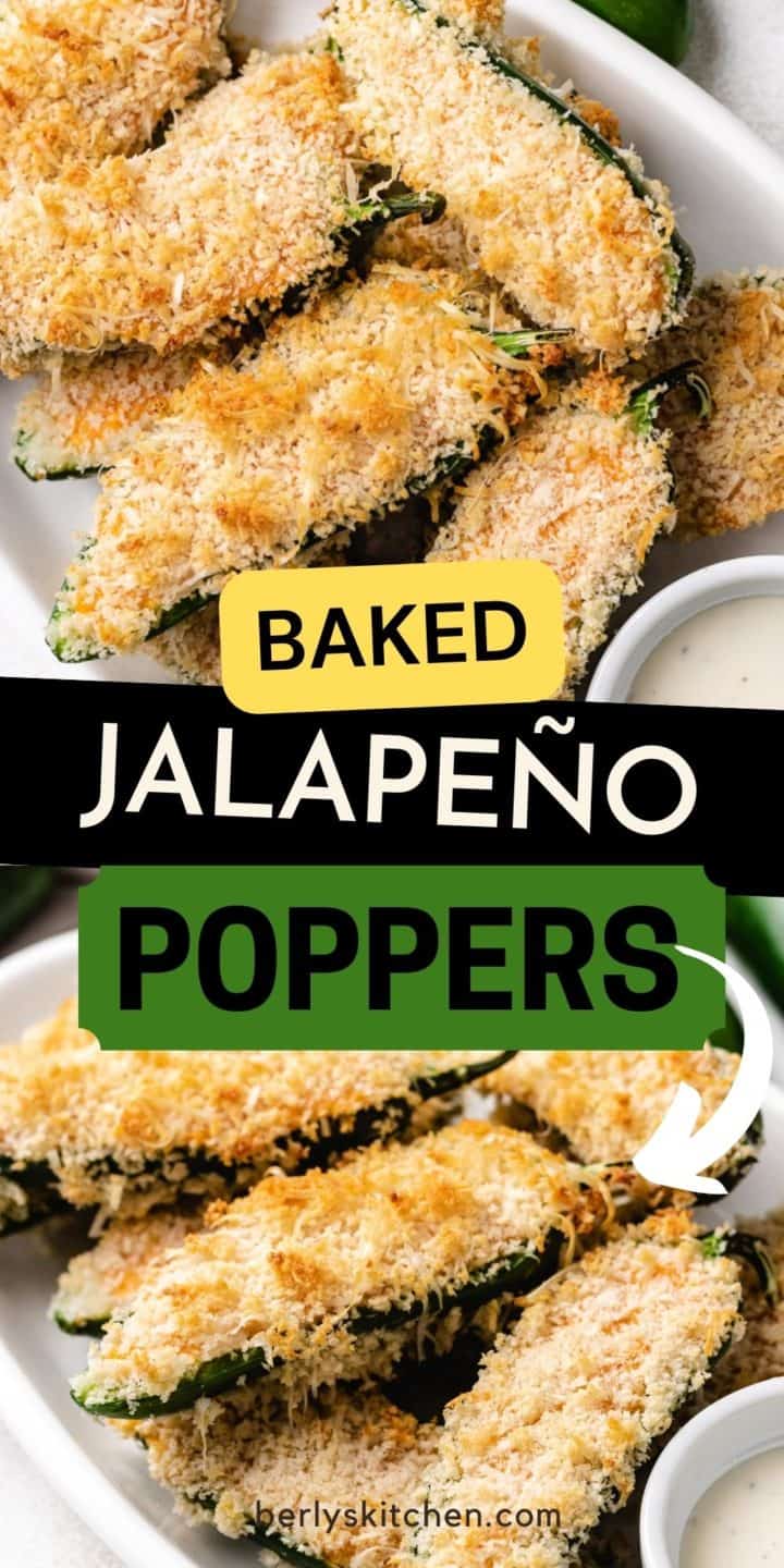 Collage of two photos of baked jalapeno poppers.