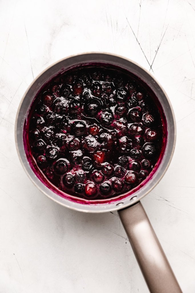 Blueberry compote in a pan.