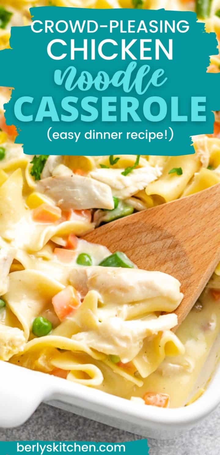 Close up view of creamy chicken noodle casserole in a baking dish.