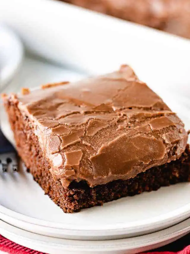 Slice of chocolate coca cola cake on two plates.