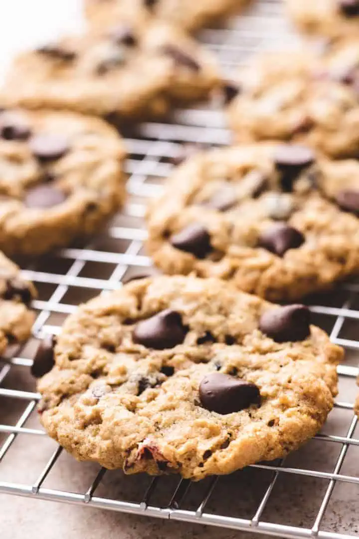 Chocolate chips added to oatmeal cookies.