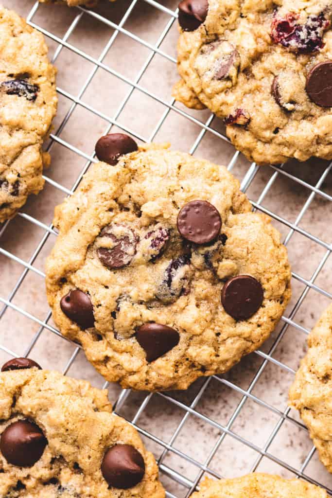 Top down view of an oatmeal cookie with cranberries.