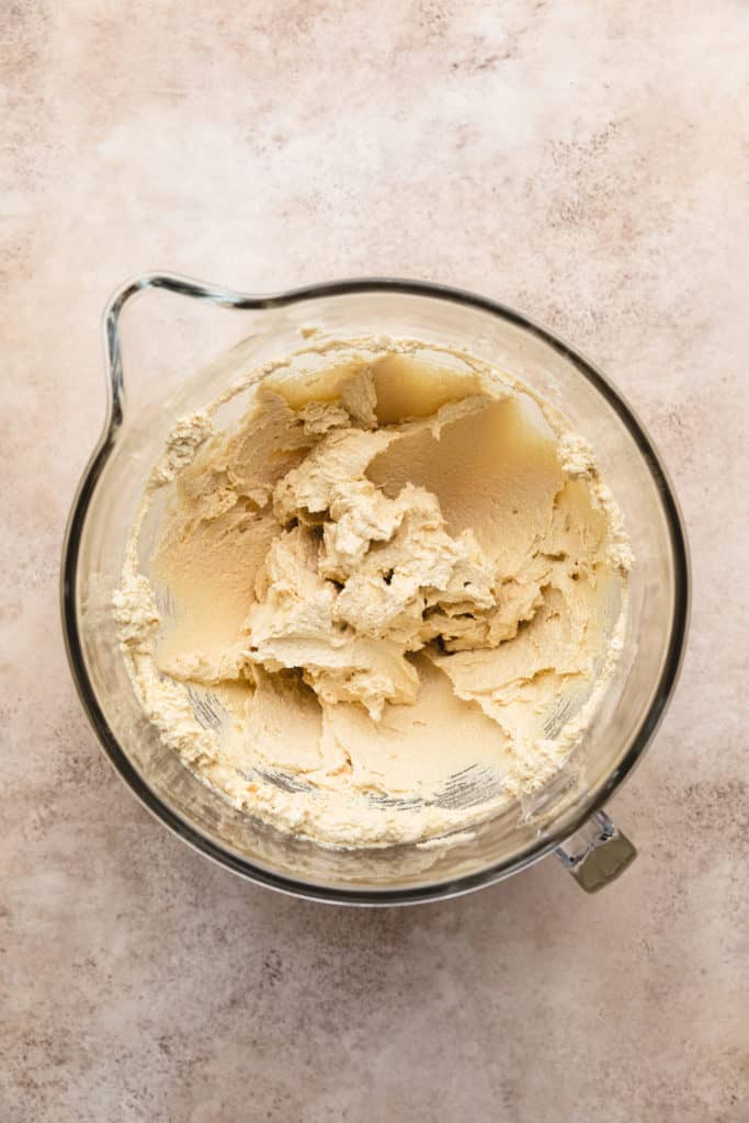 Creamed butter and sugar in a mixing bowl.