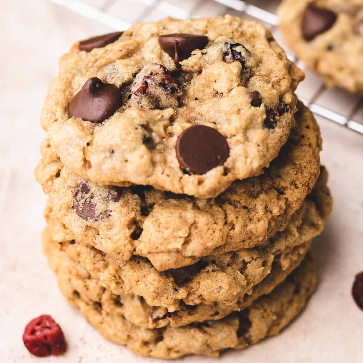 Close up view of cranberry oat cookies in a stack.