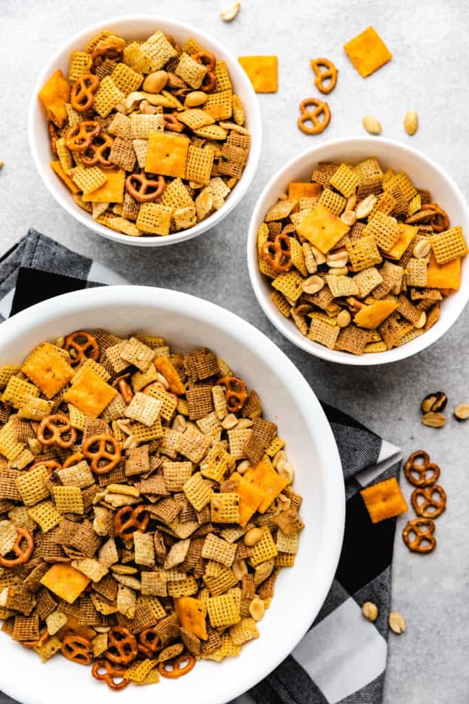 Large bowl of chex mix with spicy seasonings.