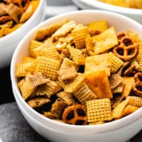 Close up view of spicy firecracker chex mix.