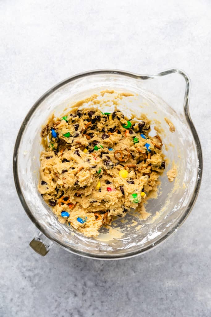 Cookie dough in a mixing bowl.