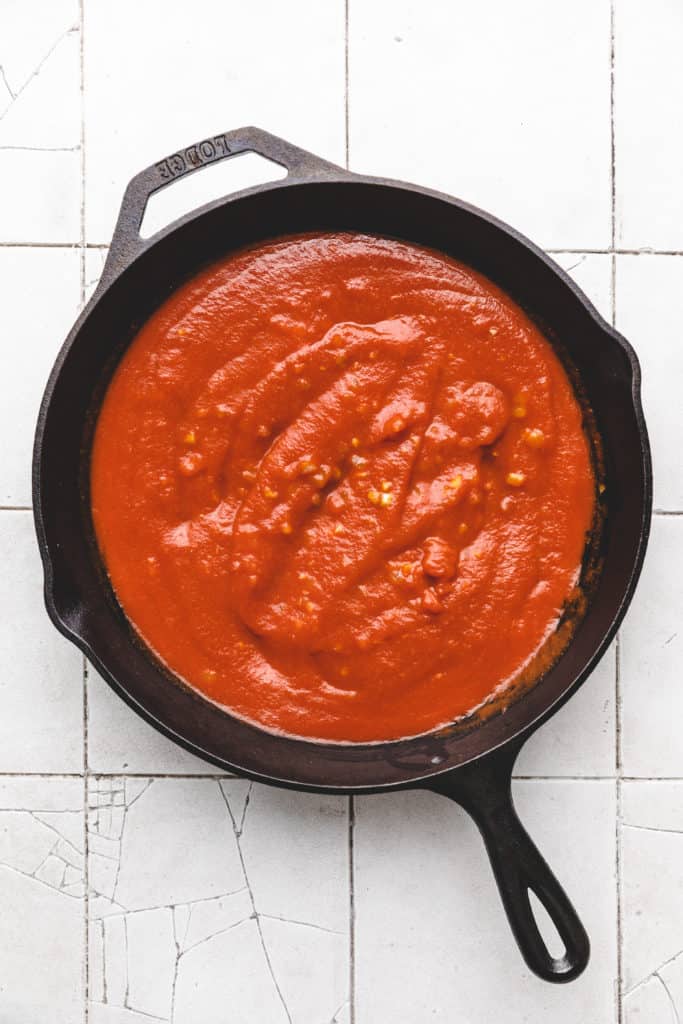 Marinara in a cast iron pan.