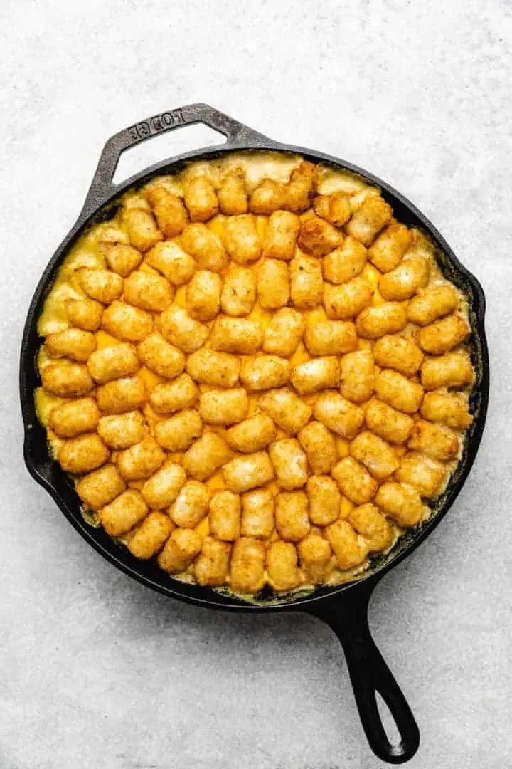 Golden brown tater tots on top of a casserole.