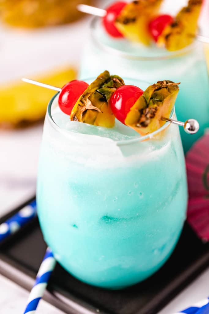 Creamy blue cocktail in a glass.