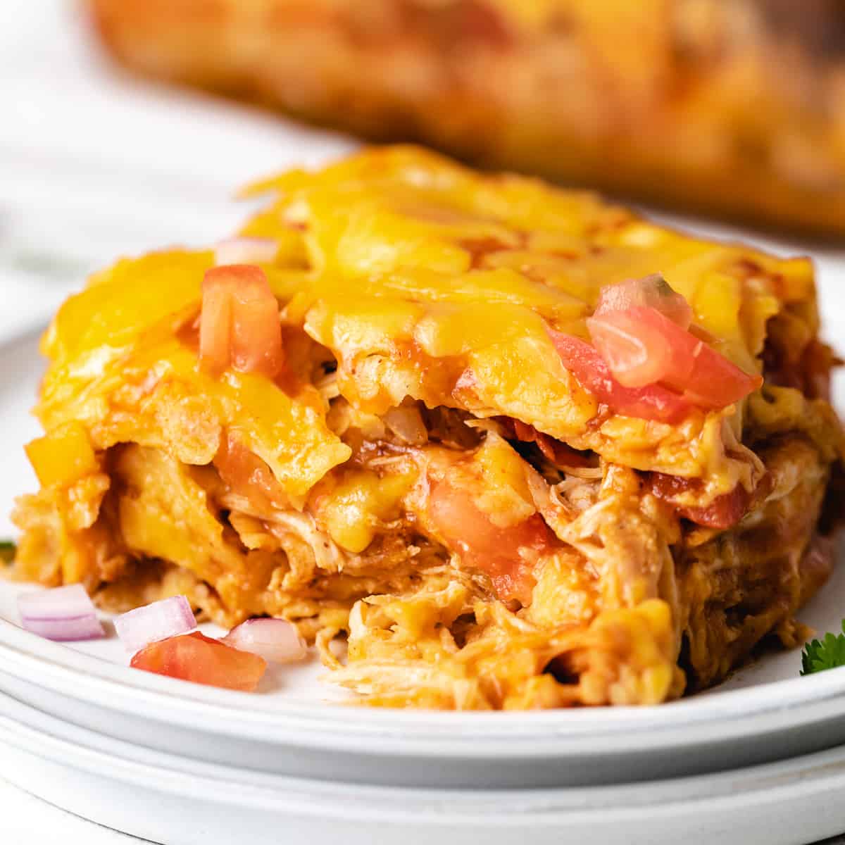 Layered chicken enchilada casserole