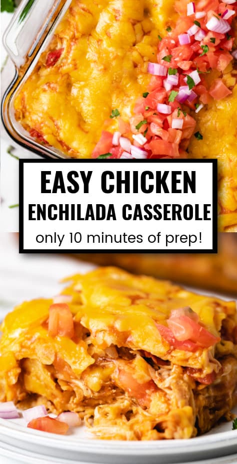 Two photos of enchilada casserole in a casserole.