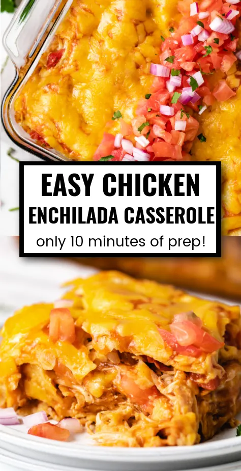 Two photos of enchilada casserole in a casserole.