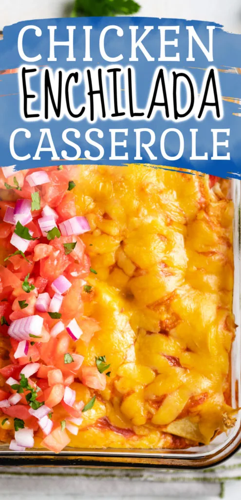 Close up view of cheesy enchilada casserole with toppings.