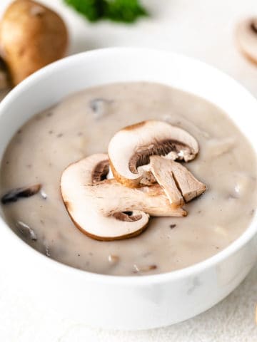 Close up of a bowl of cream of mushroom soup substitute.