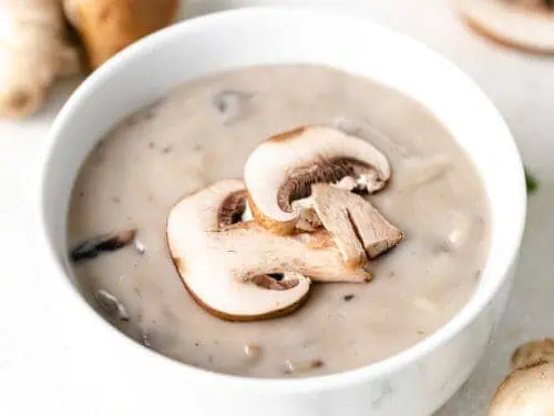 Close up of a bowl of cream of mushroom soup substitute.