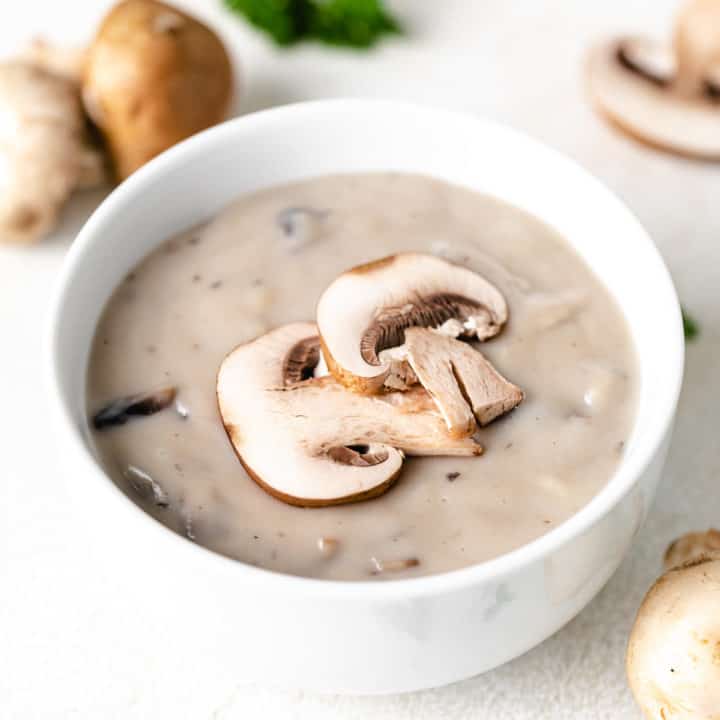 Close up of a bowl of cream of mushroom soup substitute.