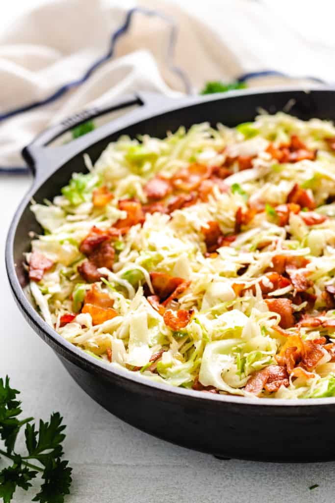 Side view of cabbage in a pan.