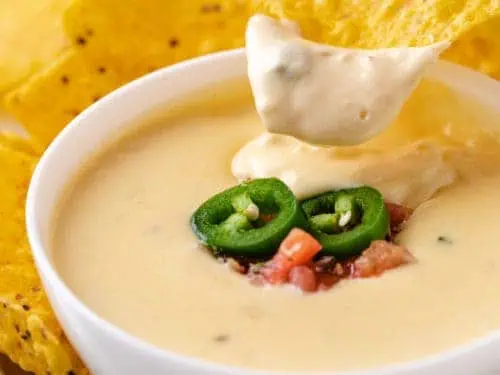 Close up view of a chip dipping into a bowl of cheese dip.