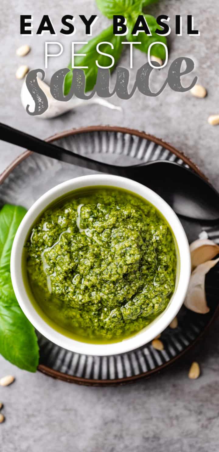 Easy basil pesto sauce on a gray plate.