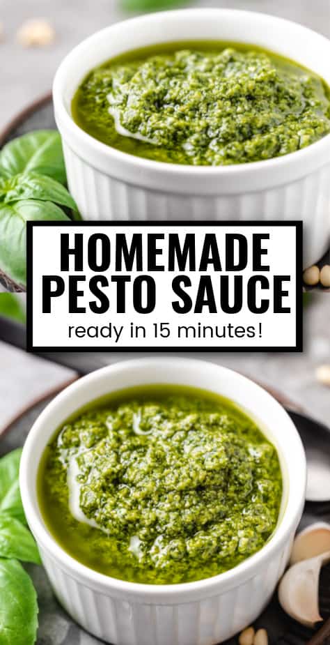 Two photos of basil pesto sauce in a white ramekin.