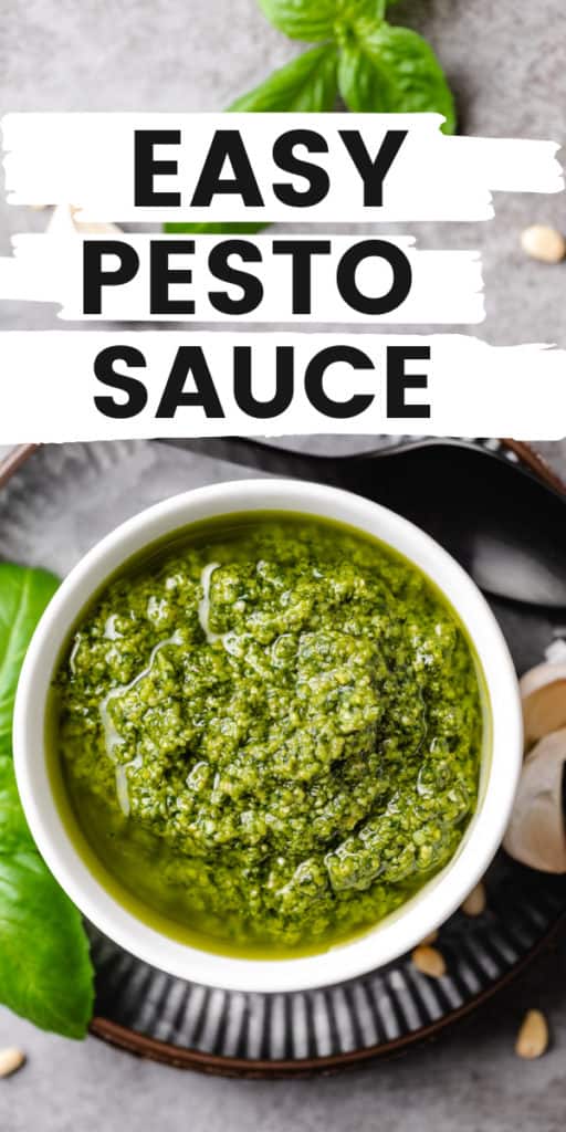 Homemade pesto sauce in a small white dish.