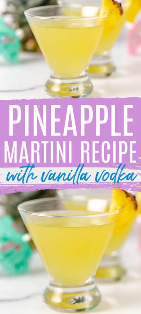 Collage showing two photos of pineapple martinis with vodka.