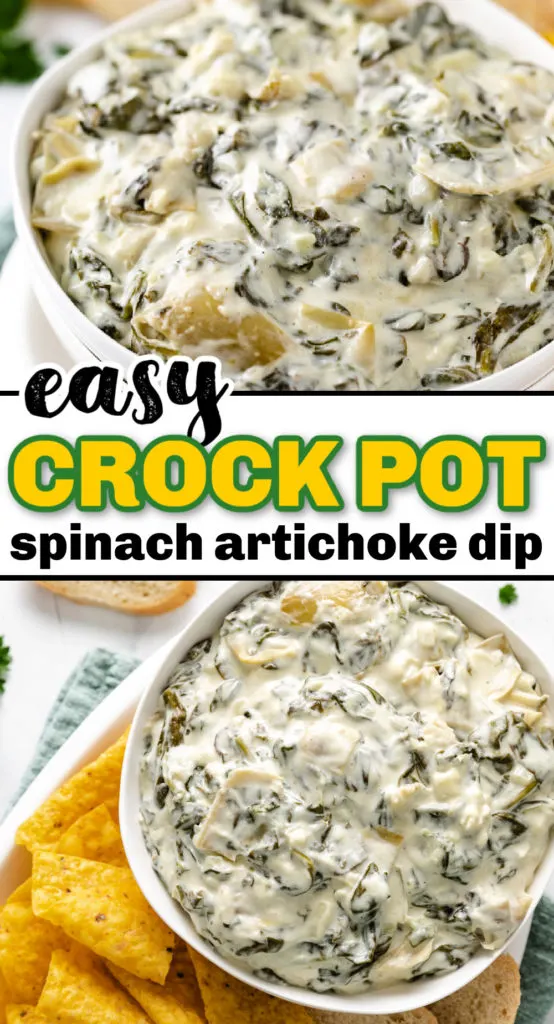 Two photos of slow cooker spinach artichoke dip in a collage.