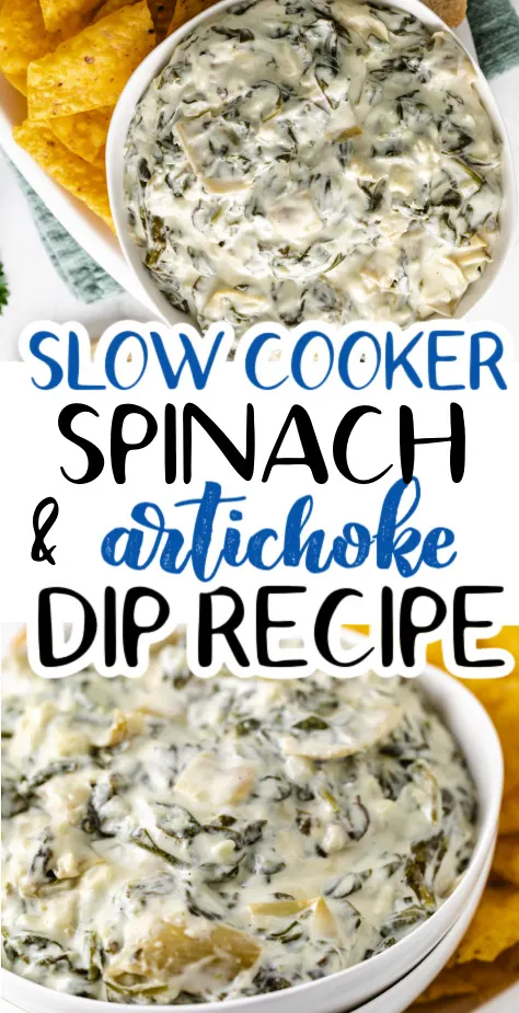 Collage of two photos of crockpot spinach dip.