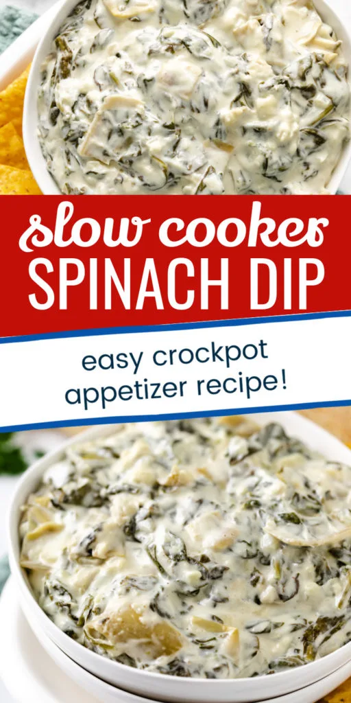 Two photos of crockpot spinach artichoke dip in a collage.