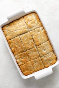 Top down view of biscuits in a pan.
