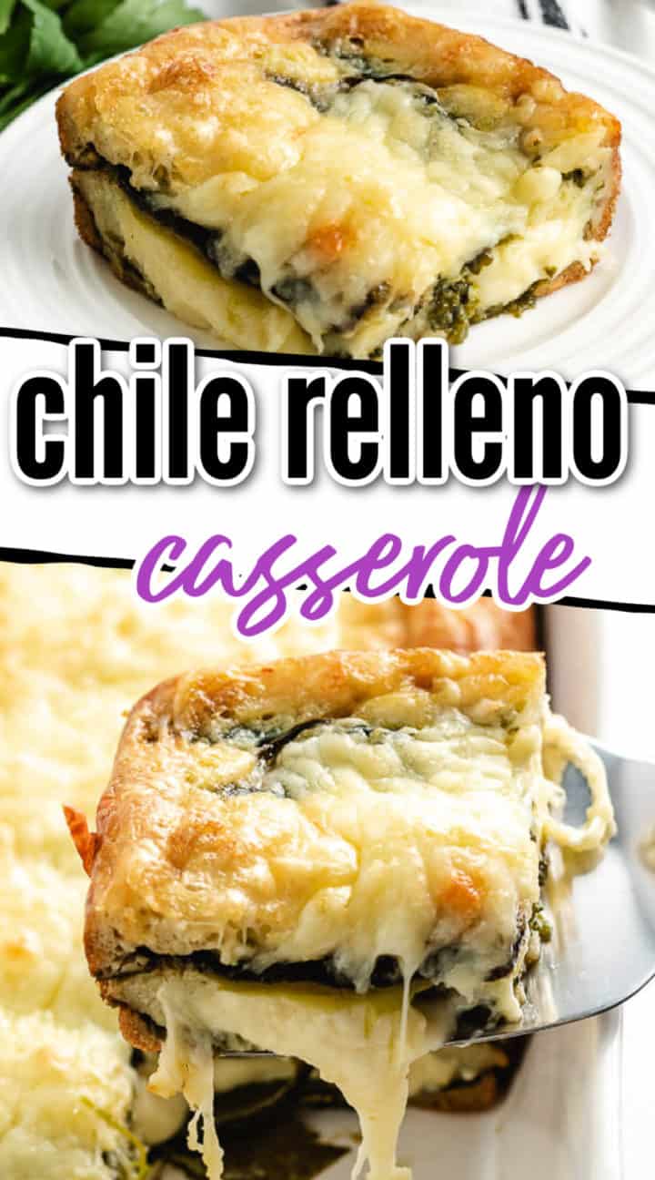 Collage of two photos of chile relleno casserole.
