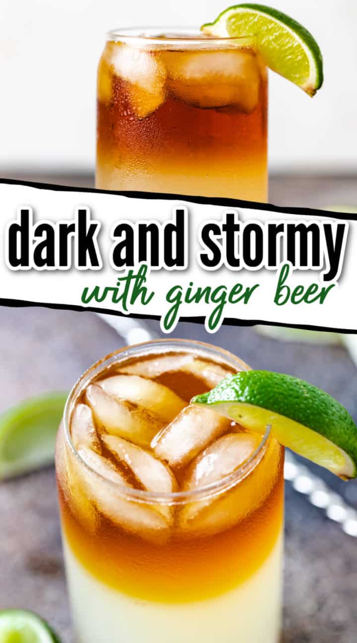 Collage showing two pictures of a dark and stormy cocktail.