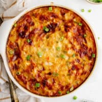 Close up view of a casserole in a circular pan.