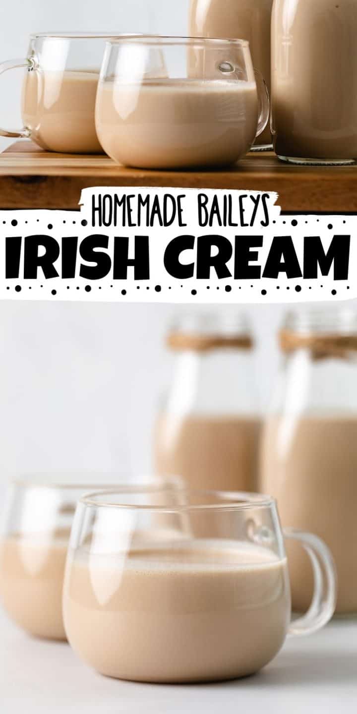 Two photos of homemade irish cream in a collage.