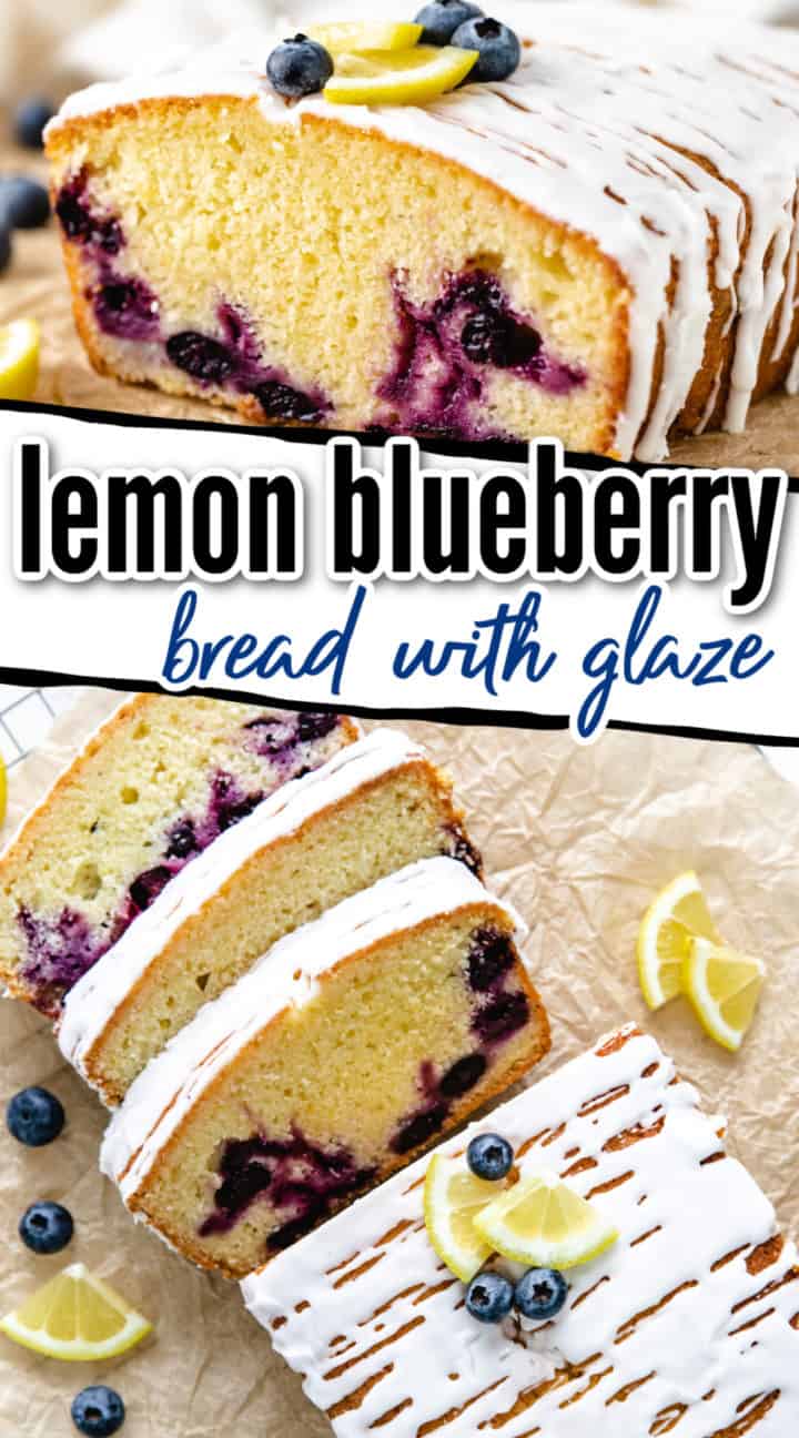 Collage of two photos of lemon bread with blueberries.