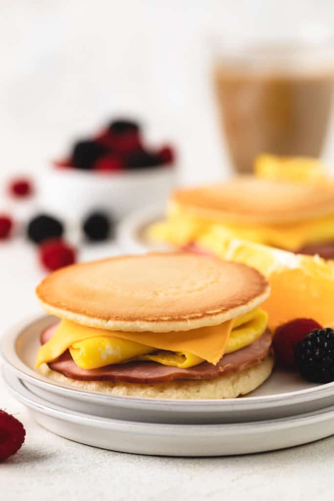 Mini pancake sandwich on a plate.