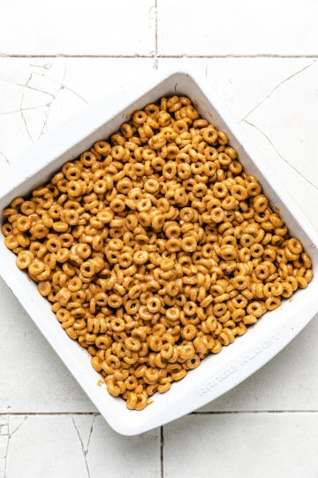 Peanut butter cereal bars mixture press into a pan.