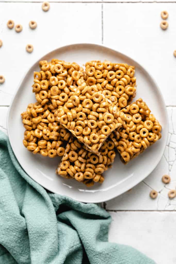 Top down view of a plate of cereal treats.