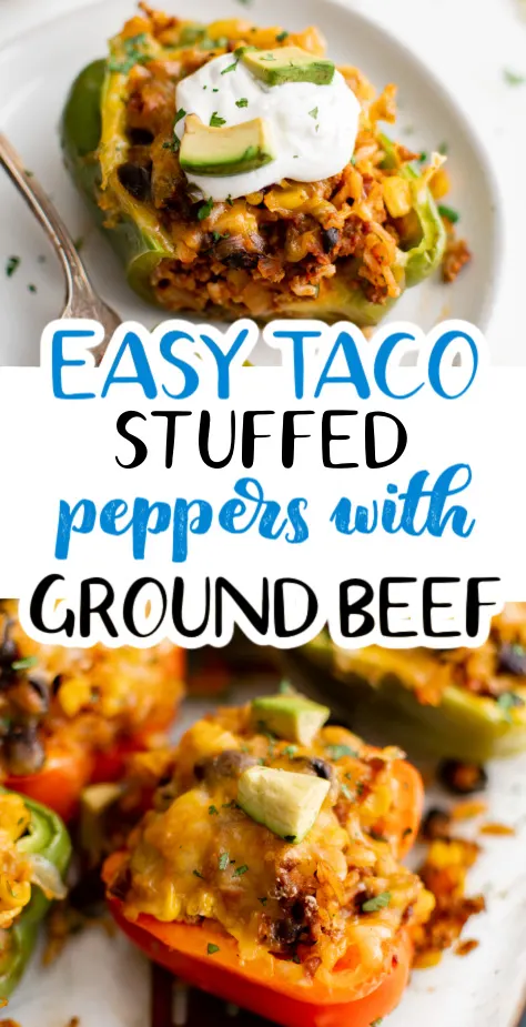 Collage showing two photos of ground beef stuffed peppers.