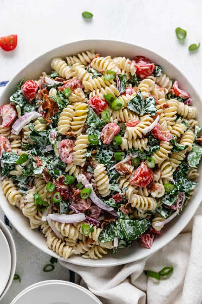 Top down view of creamy blt pasta salad.